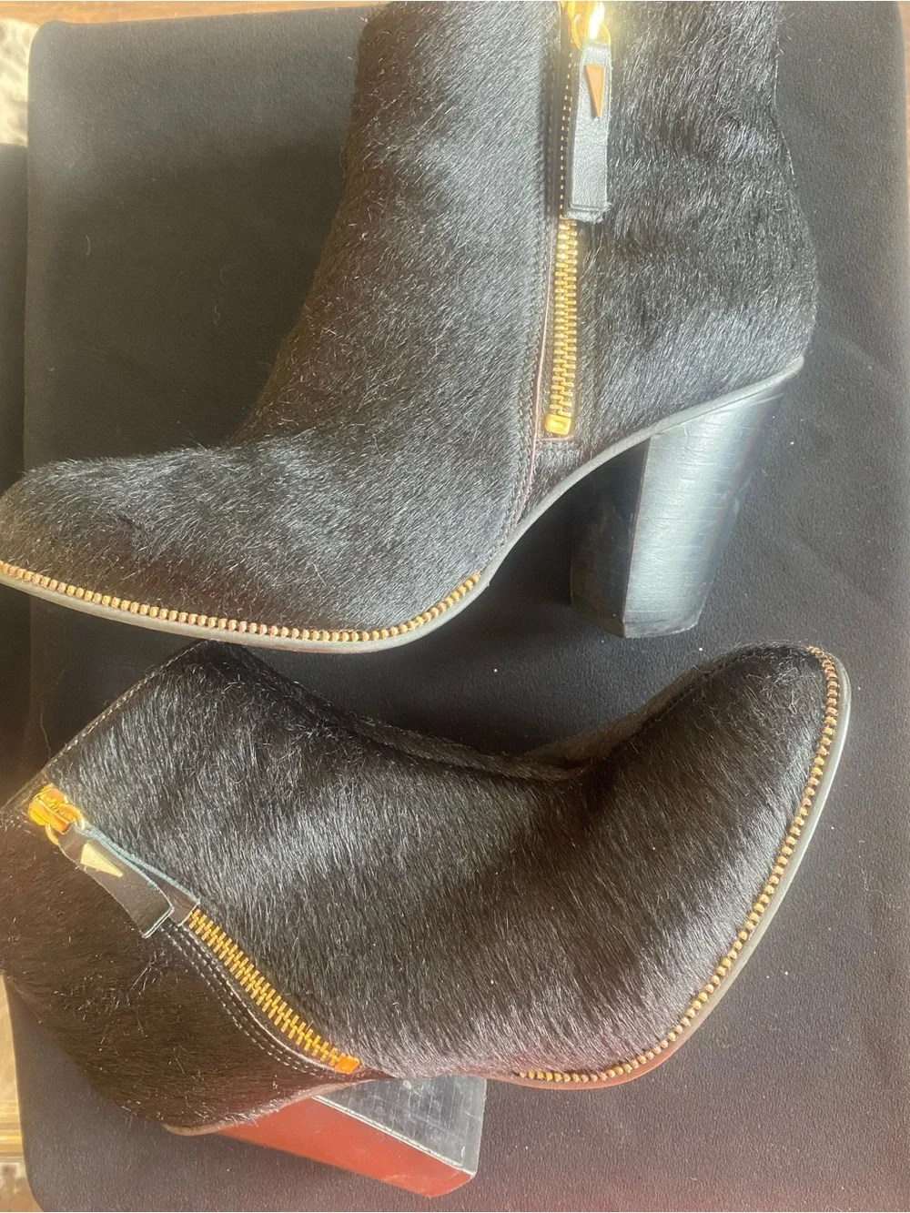 Women's Black Calfhair Ankle Boots with Gold Zipper